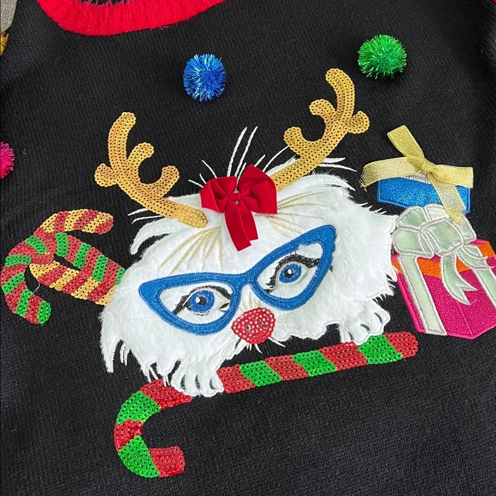 Festive Cat Black and Red Christmas Sweater